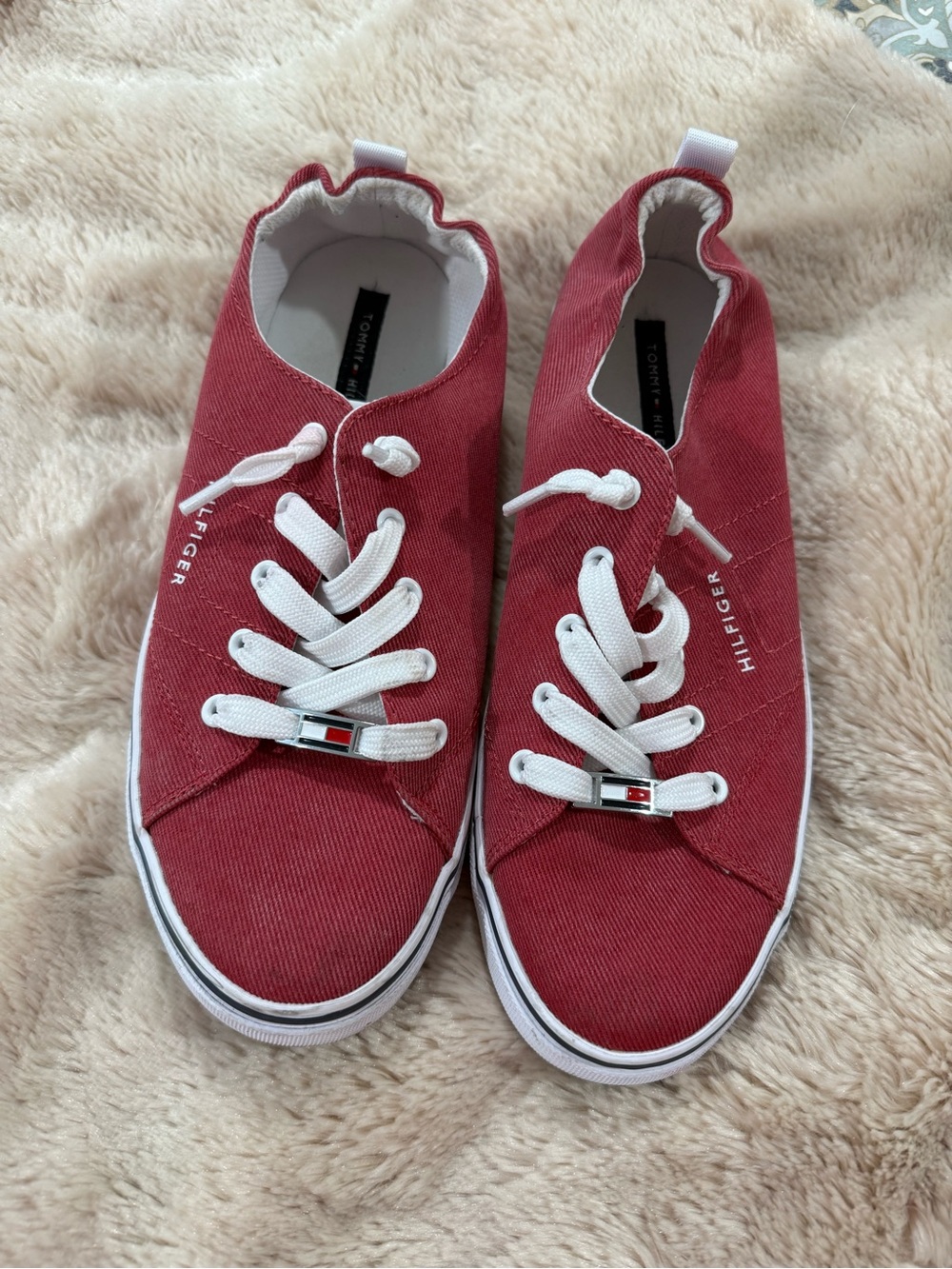 Tommy Hilfiger Red Canvas Lace-Up Sneakers with White Accents